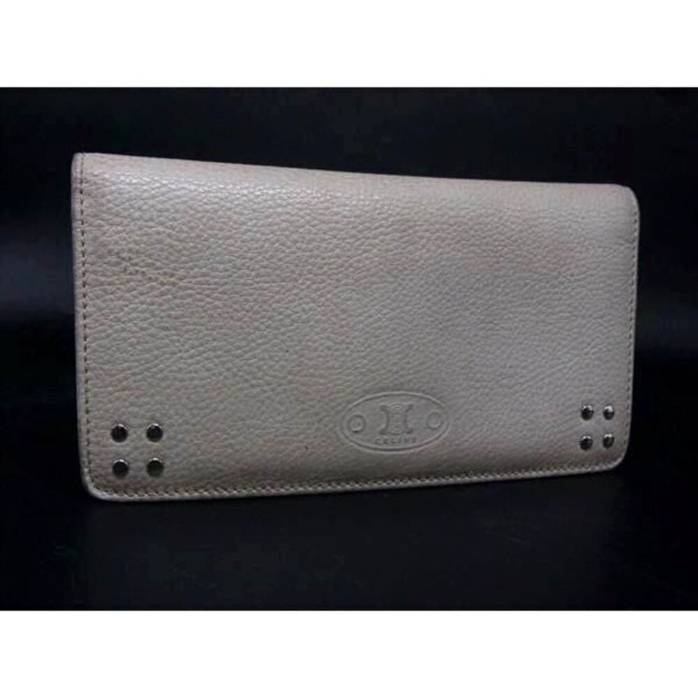 CELINE Leather Bi fold Long Wallet Billfold Wallet White